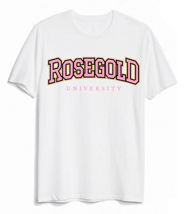 Rosegold University Varsity Tee (Pink Logo)